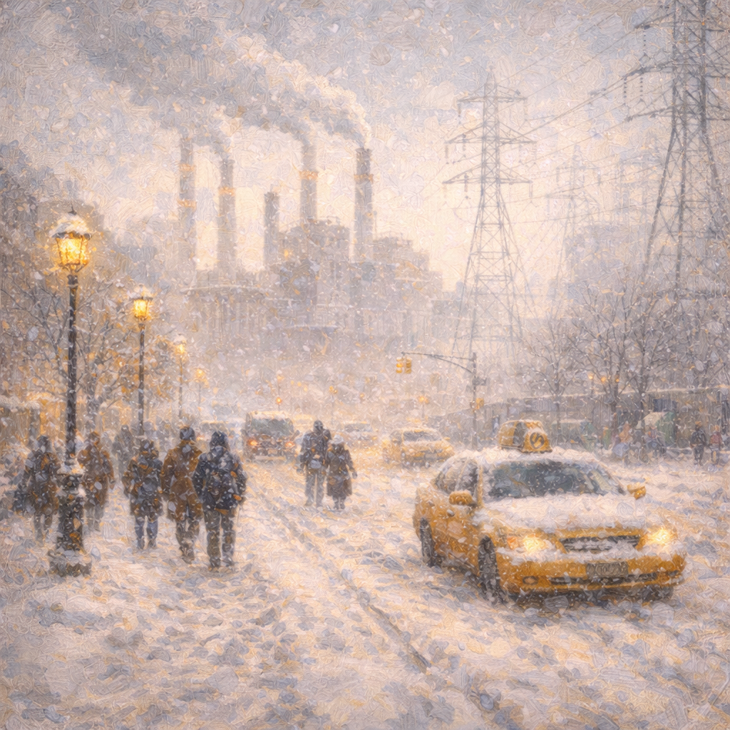 Snowy cityscape with power lines — representing energy load forecasting in extreme weather