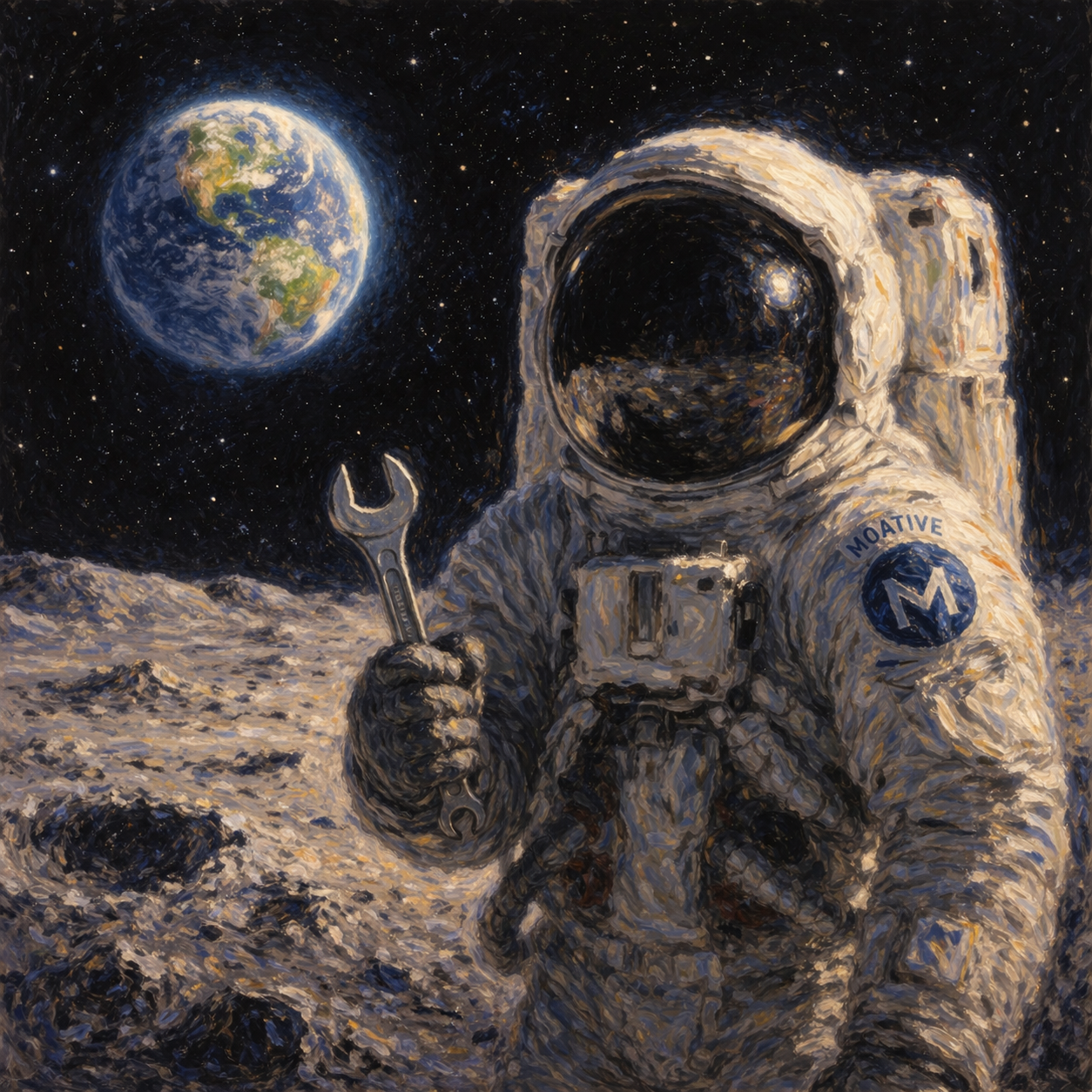 Moative astronaut holding a wrench on the moon — oil painting style