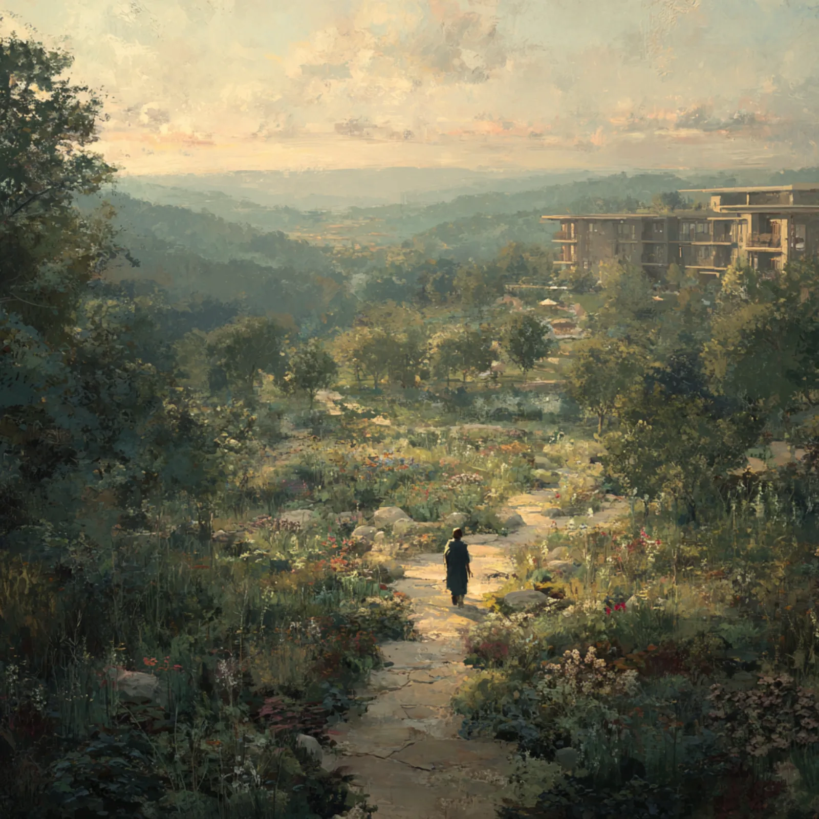 A figure walks a stone path through wildflowers toward a modern building set against rolling green hills