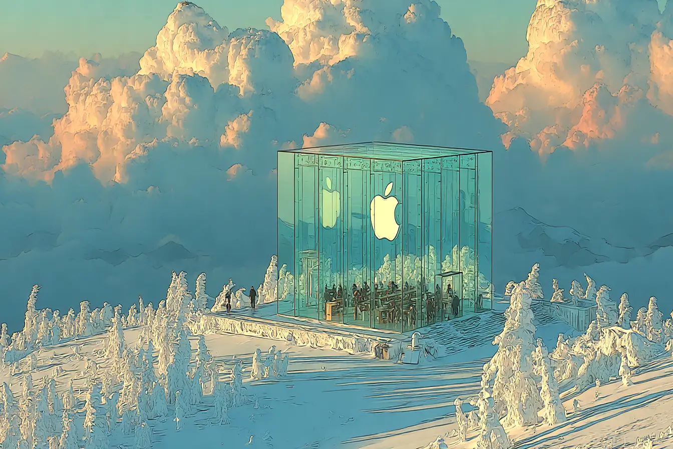 Glass cube Apple store situated in a vibrant cityscape, painted in warm tones