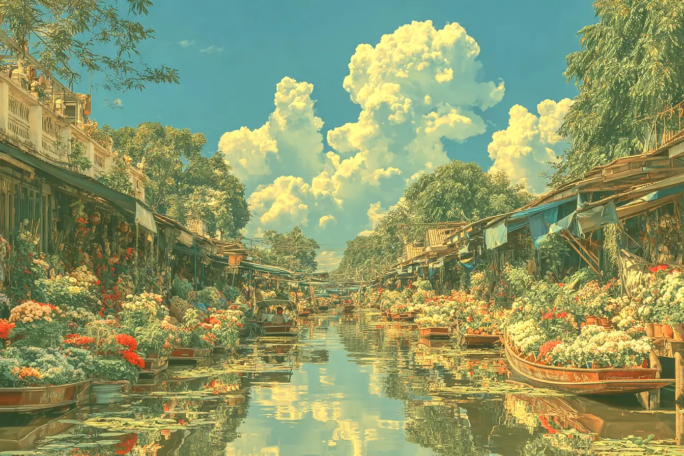 Flower marketplace inside the canals of Bangkok, painted in warm tones
