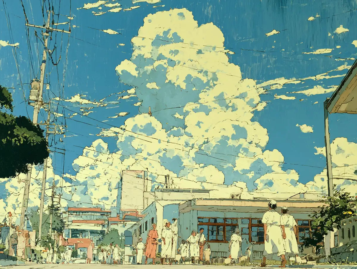 Figures in white coats outside a clinic under towering summer clouds