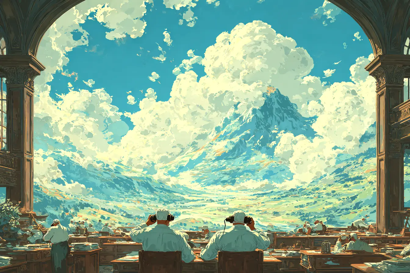 Stock brokers haggling prices while holding vintage papers, painted in warm tones