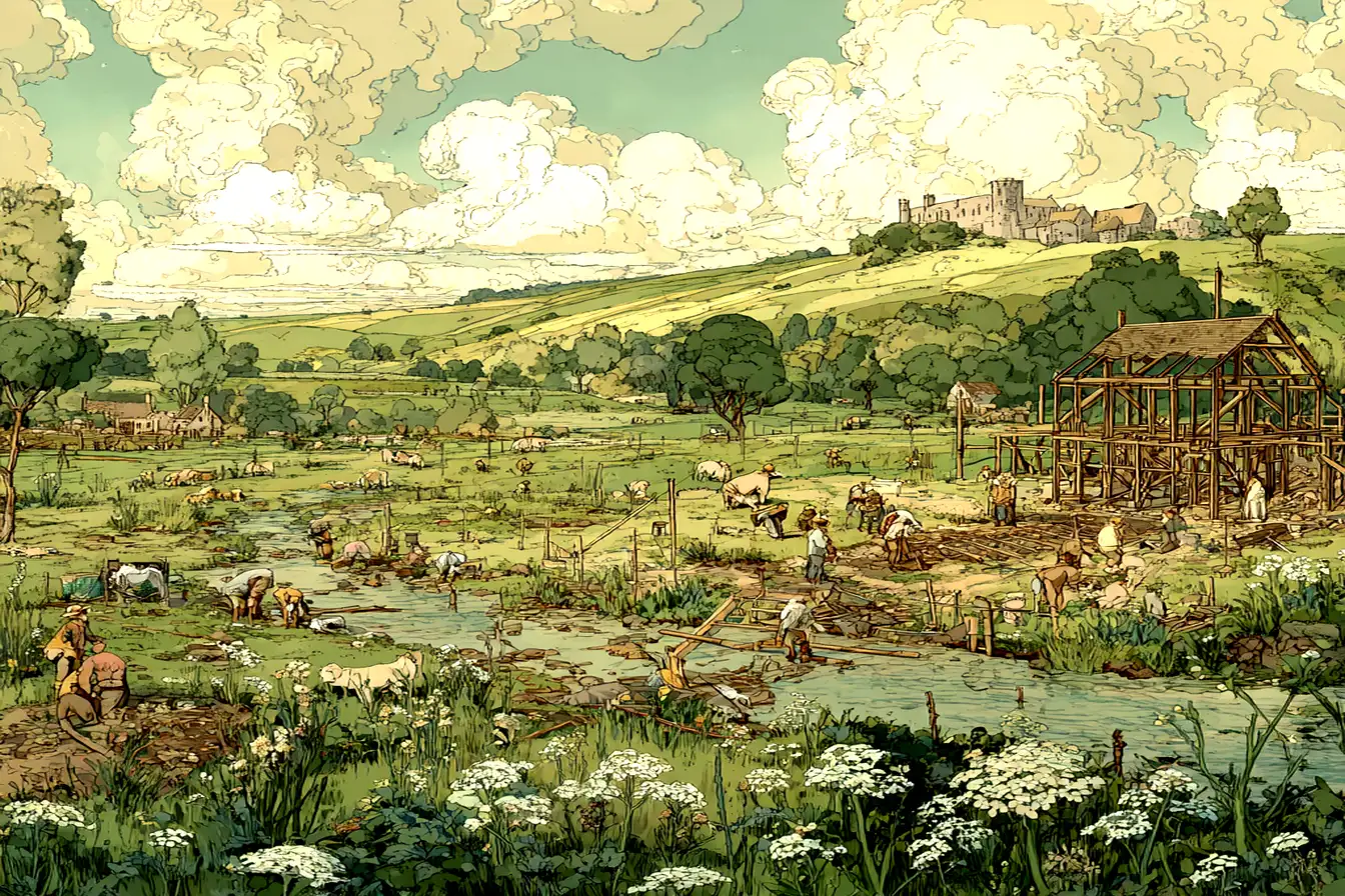 English countryside with architects and landowners surveying property, painted in warm tones