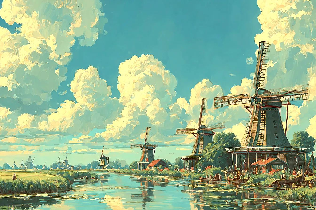 Windmills overlooking a dynamic landscape, painted in warm tones