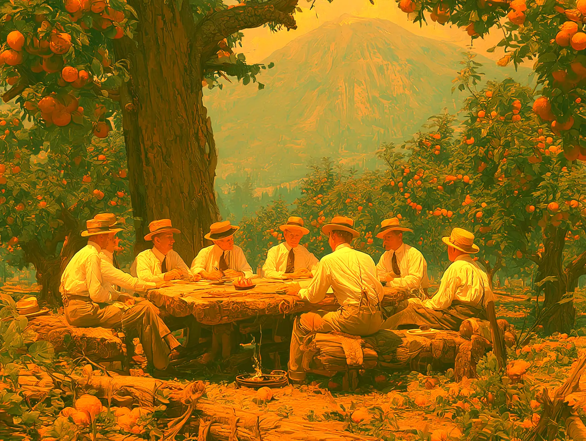 Executives meeting in an orange grove, painted in warm tones