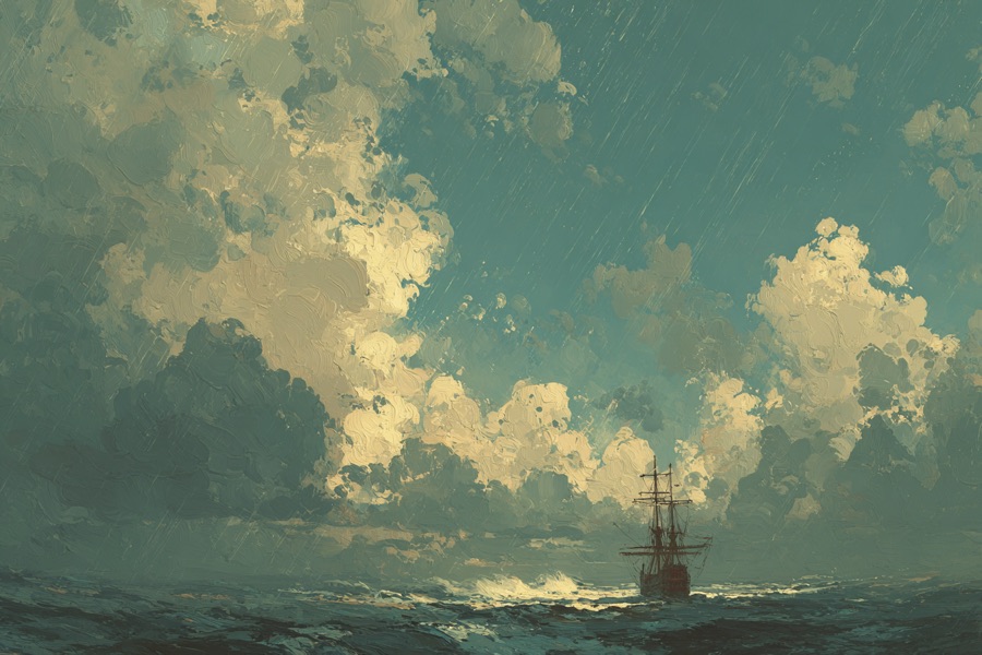 Ship of Theseus on a choppy ocean under a bright sky